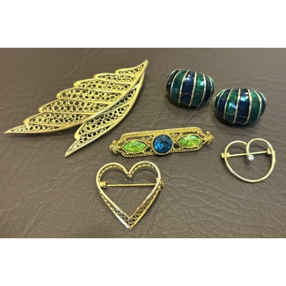 Vintage Jewelry Lot 1928 Avante Rhinestone Heart Brooch Pin Enamel Earrings - Picture 1 of 11